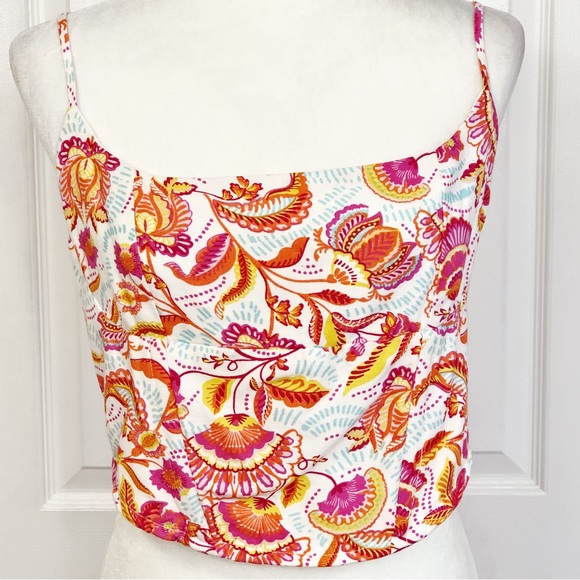 Midnight Sky Colorful Floral Paisley Linen Blend Crop Top - Picture 1 of 16